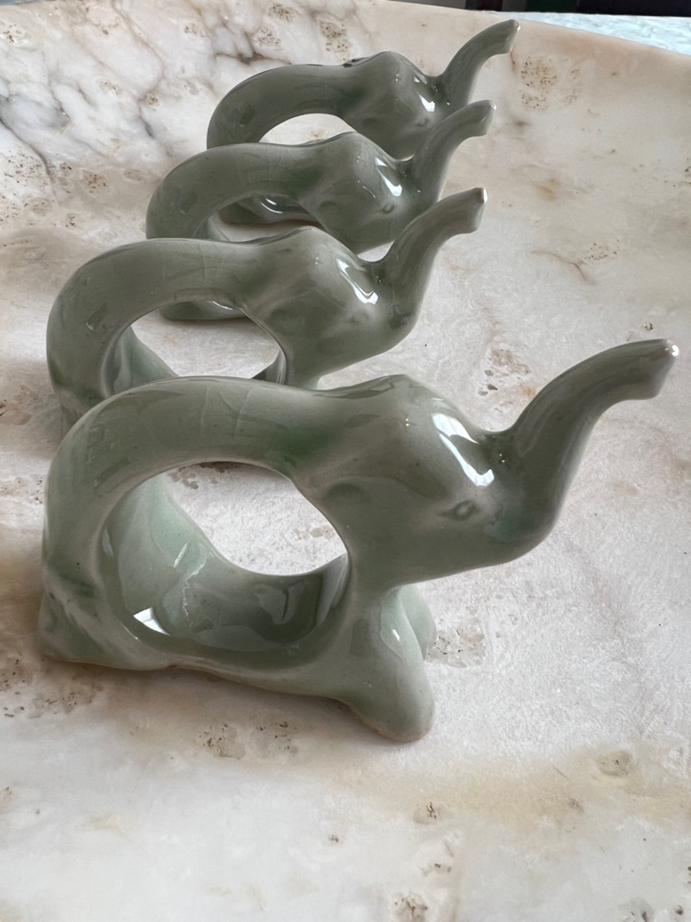 Vintage Sage Green Ceramic Elephant Napkin Rings - Vintage
